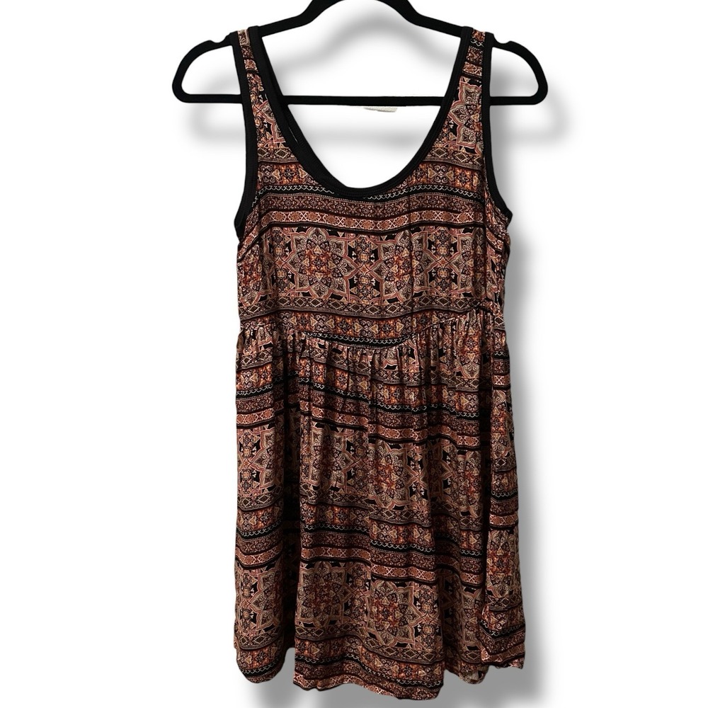 Love by Design Medallion Scoop Neck Sleeveless Mini Dress Rust Black S Boho NEW